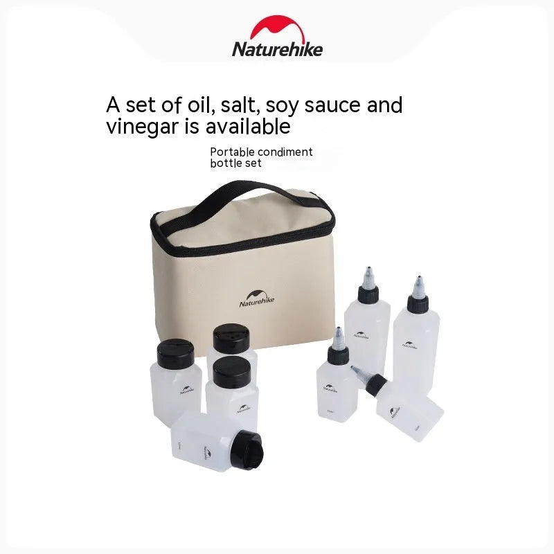 Naturehike six clear plastic portable seasoning bottles with black lids, modern simple design.