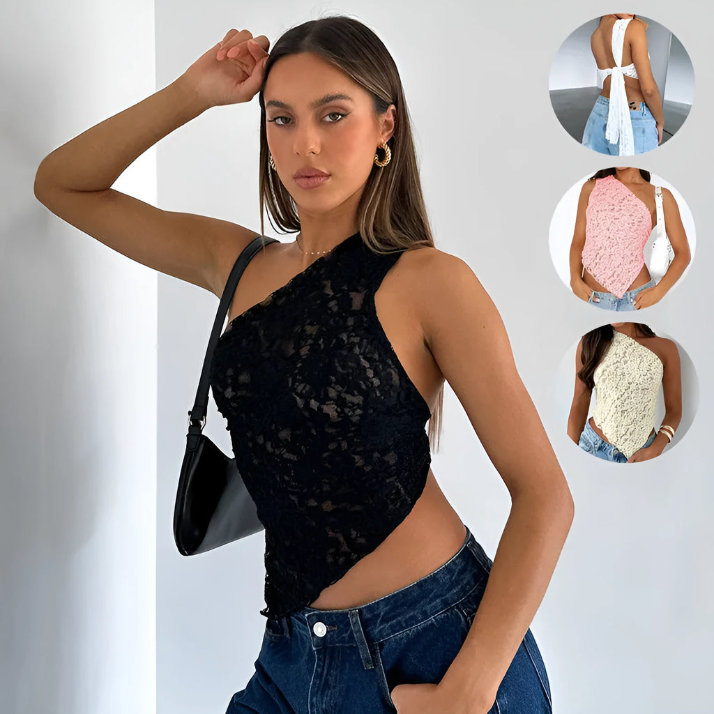 Women's backless sleeveless top with lace-up closure and asymmetrical neckline in solid colour