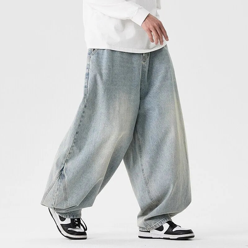 Men's plus size wide leg jeans in American casual style with straight leg design