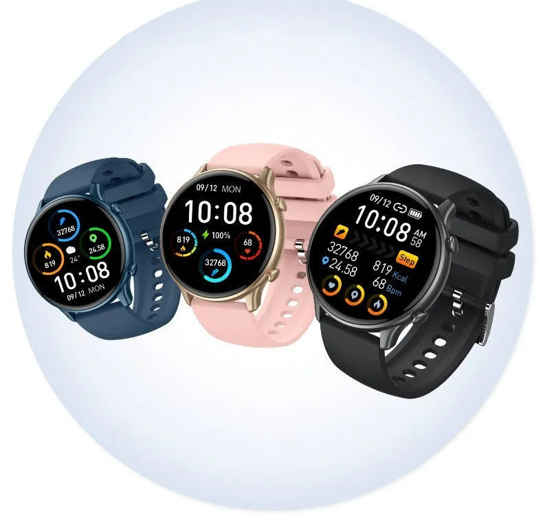 Round touch screen smart sports watch with silicone strap showing heart rate and sleep tracking display