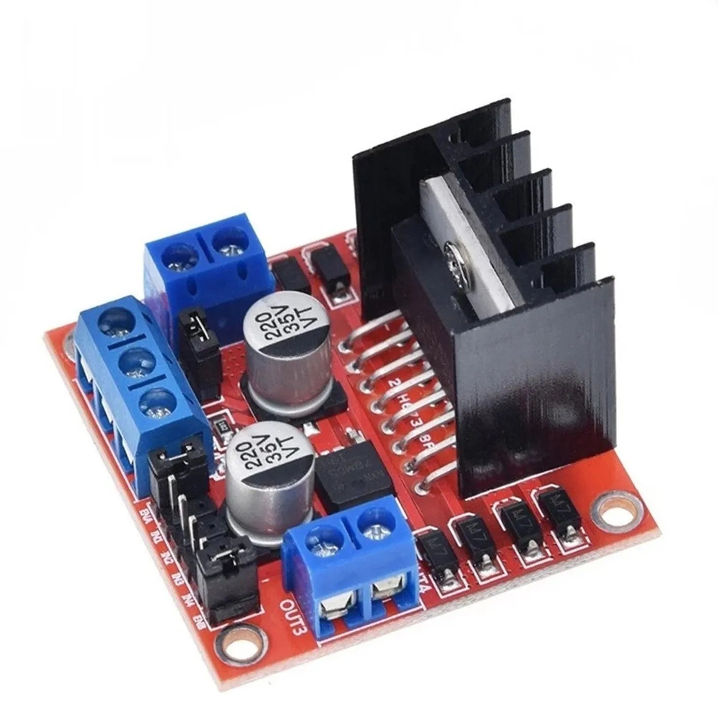 L298N motor driver module measuring 43mm square for DC and stepper motor control