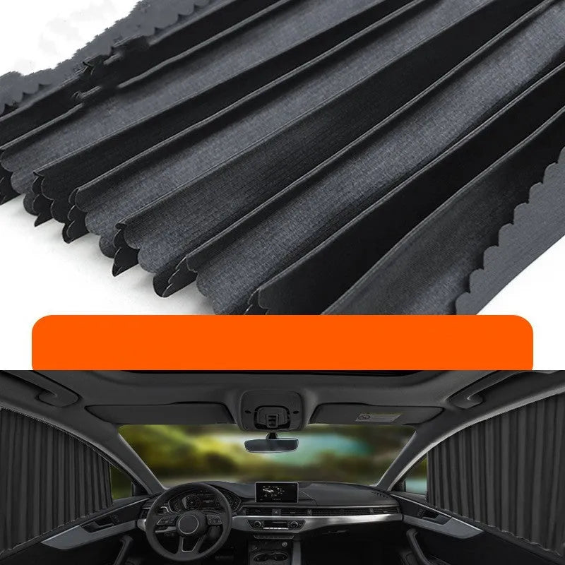 Auto retractable car sunshade curtain in thick opaque cloth with roller shutter mechanism