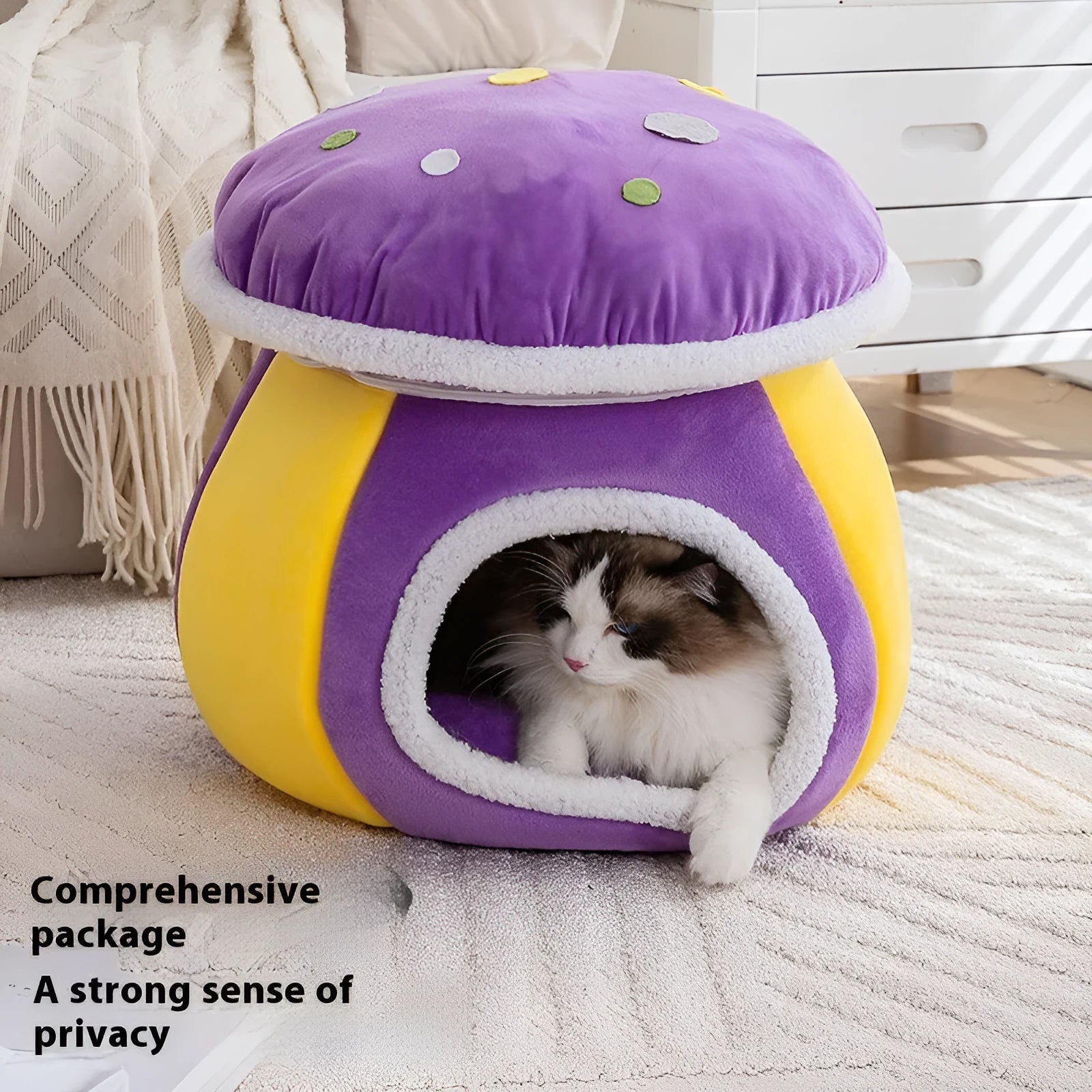 Grey mushroom-shaped plush cat bed with a detachable blanket inside, showing enclosed design.