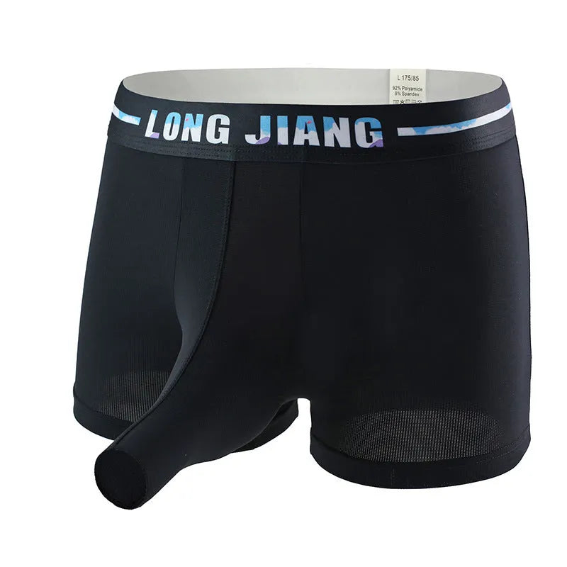 Men's solid colour Ice Silk boxer shorts with a trunk open design on a mid-waist fit.