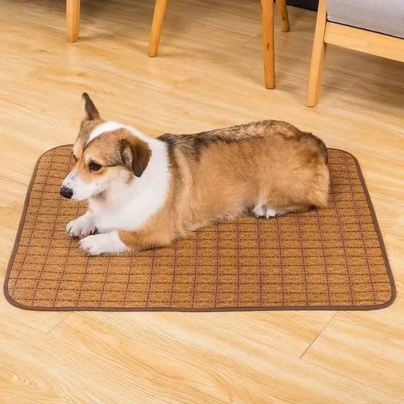 Brown rattan fibre cooling mat for dogs, shown in a large size for summer use.
