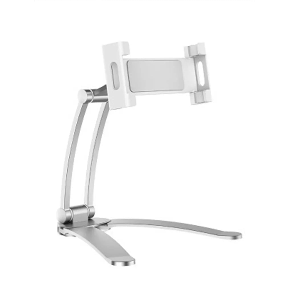 Silver aluminium alloy desktop tablet stand with adjustable black clips, holding a tablet.