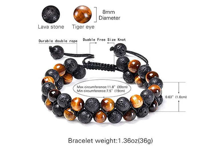 Geometric agate couple bracelets in tiger eye and matte black beads.
