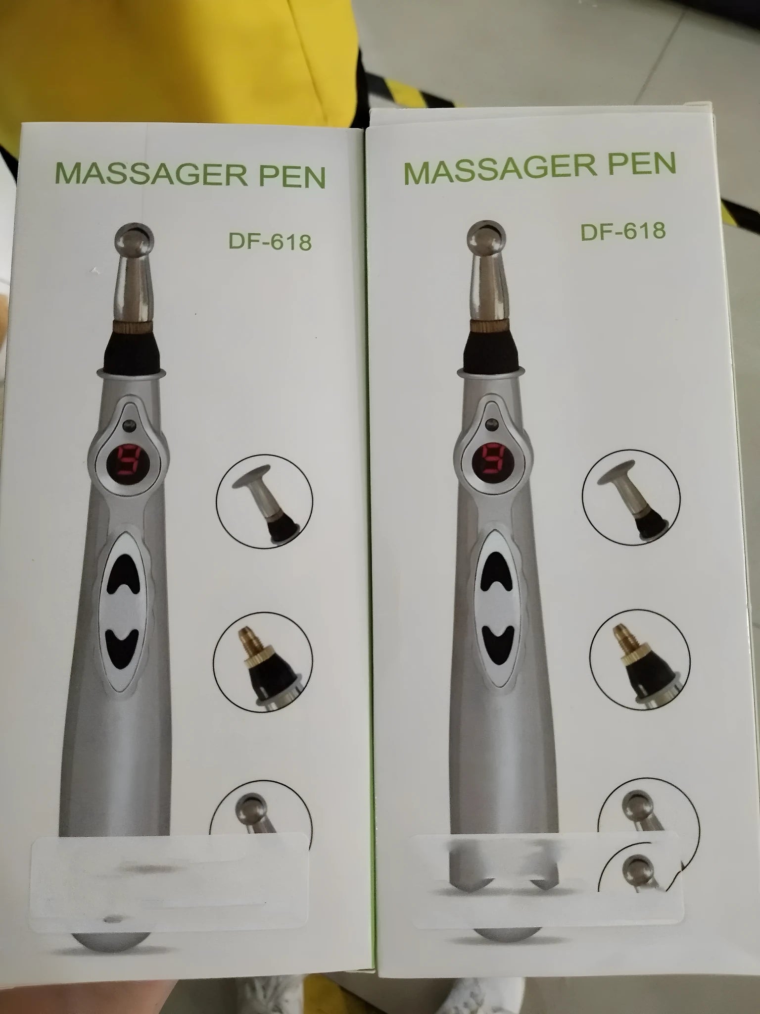 Electric massage pen with three interchangeable therapy heads for pain relief, 200x30mm size, AA battery powered