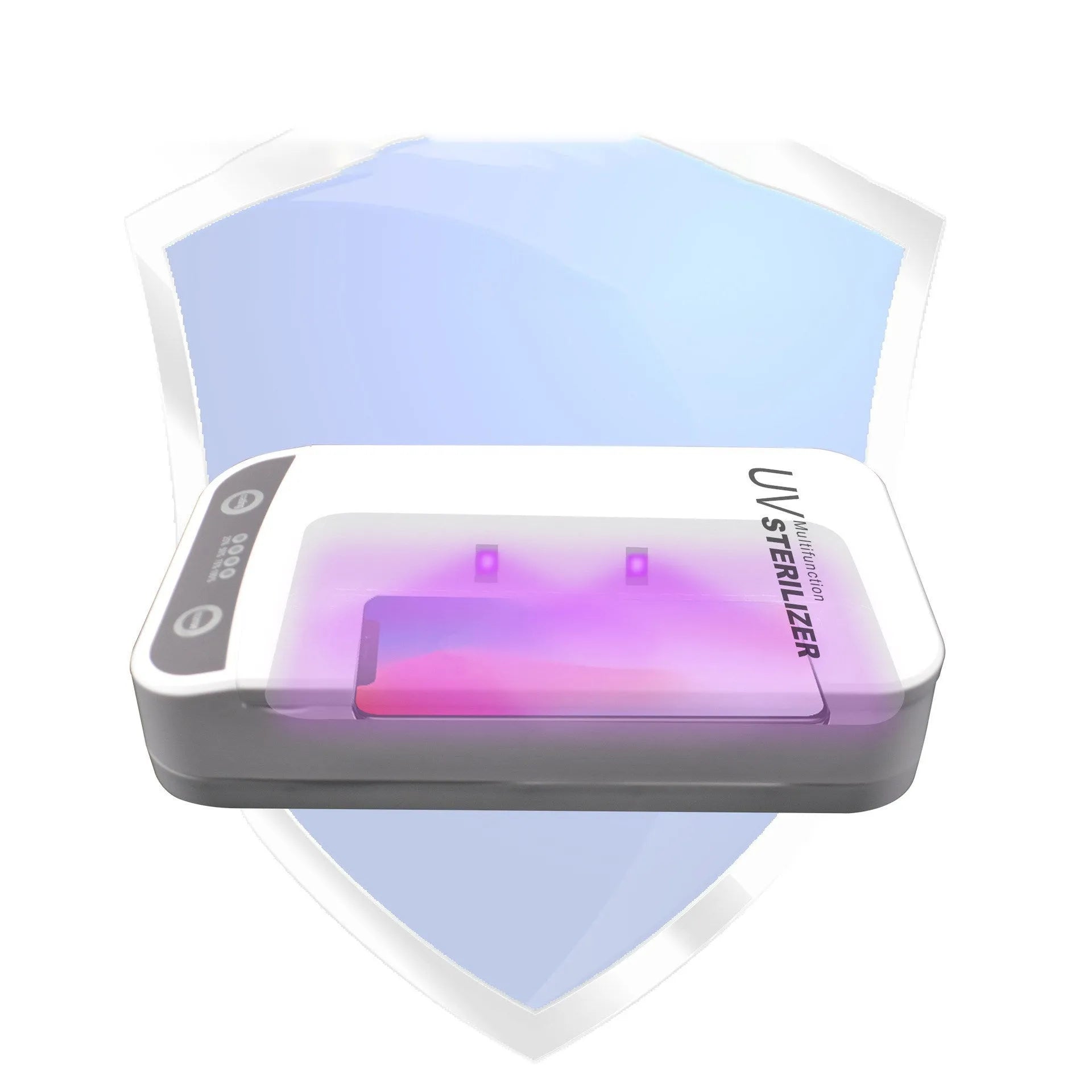 White UV disinfection box with internal chamber for sanitising mobile phones and small items.