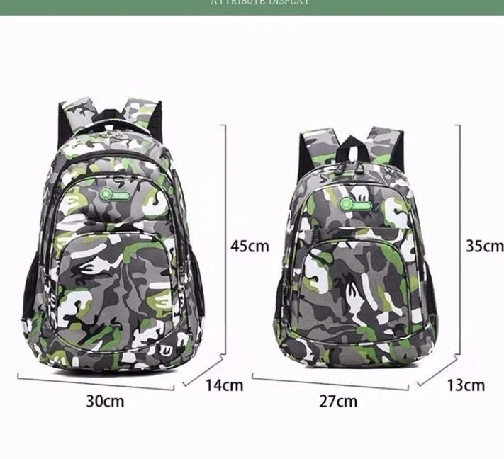 Blue Oxford fabric school backpack with padded black shoulder straps and side pockets.