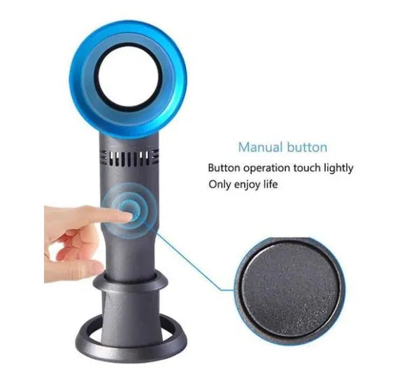 Compact portable bladeless desk fan with USB charging cable on a wooden desk
