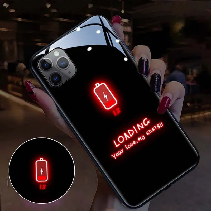 LED phone case for Apple iPhone with tempered glass back and glowing lights in cartoon colour
