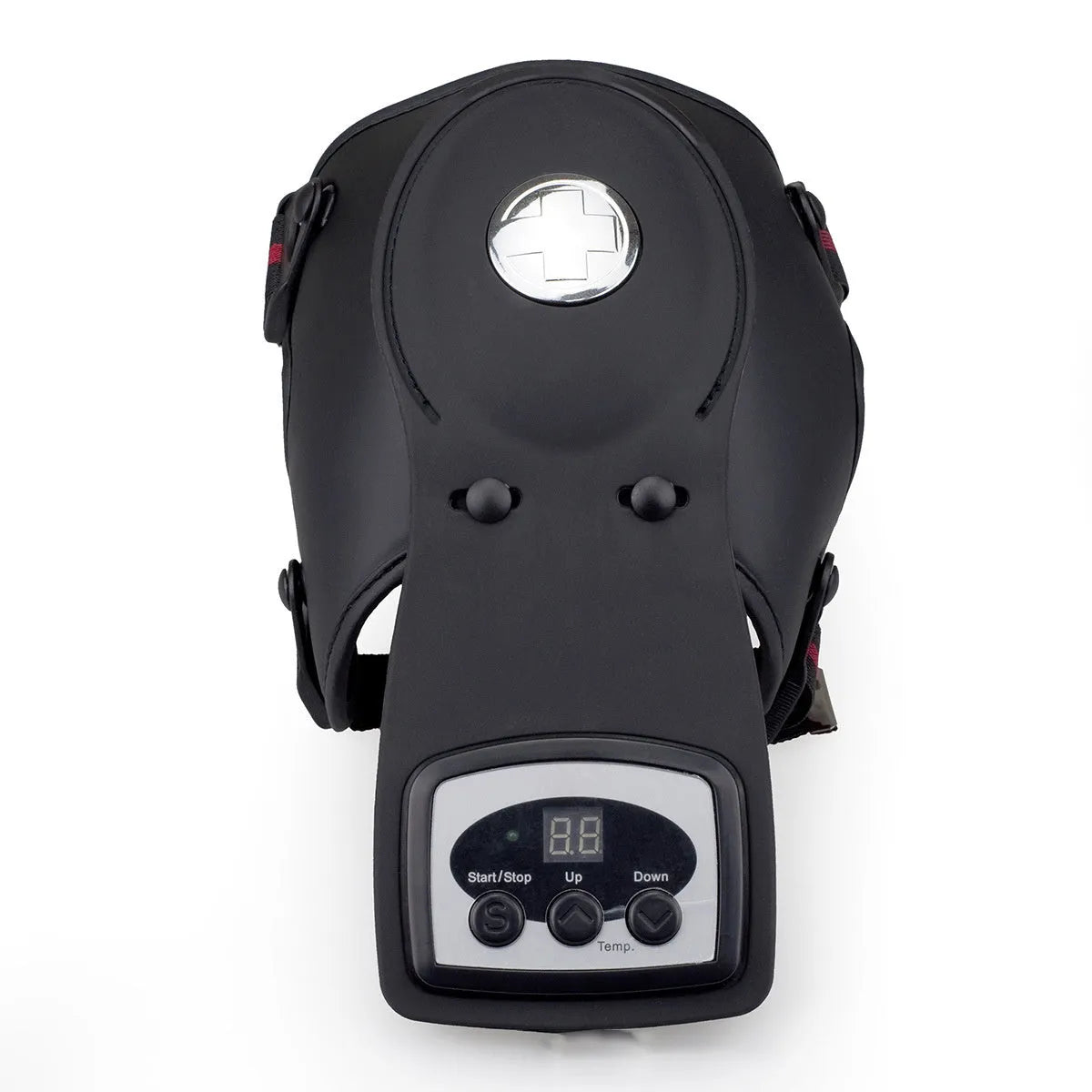 Portable infrared knee massager with adjustable heat control and shoulder pad attachment.