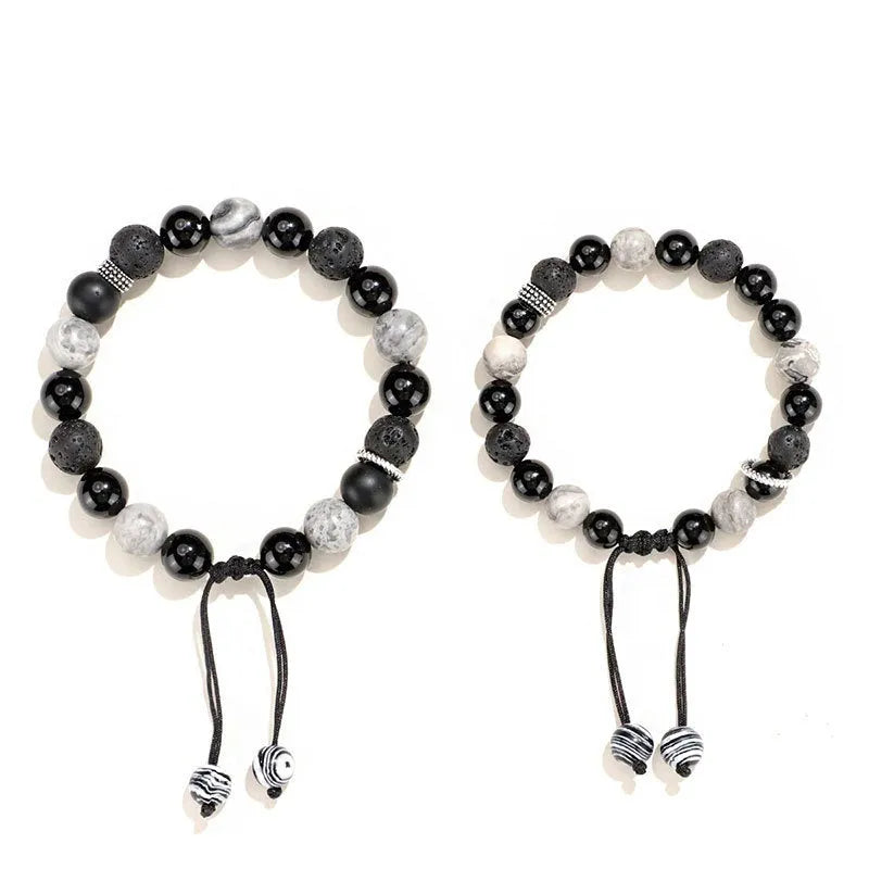 Black agate map stone volcanic rock bracelet with diamond-shaped beads and electroplated finish