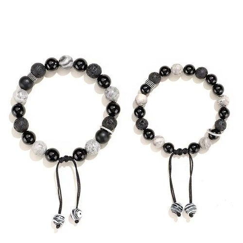 Black agate map stone volcanic rock bracelet with diamond-shaped beads and electroplated finish