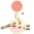 Cat scratching post with hanging ball toy in natural sisal rope on wooden base