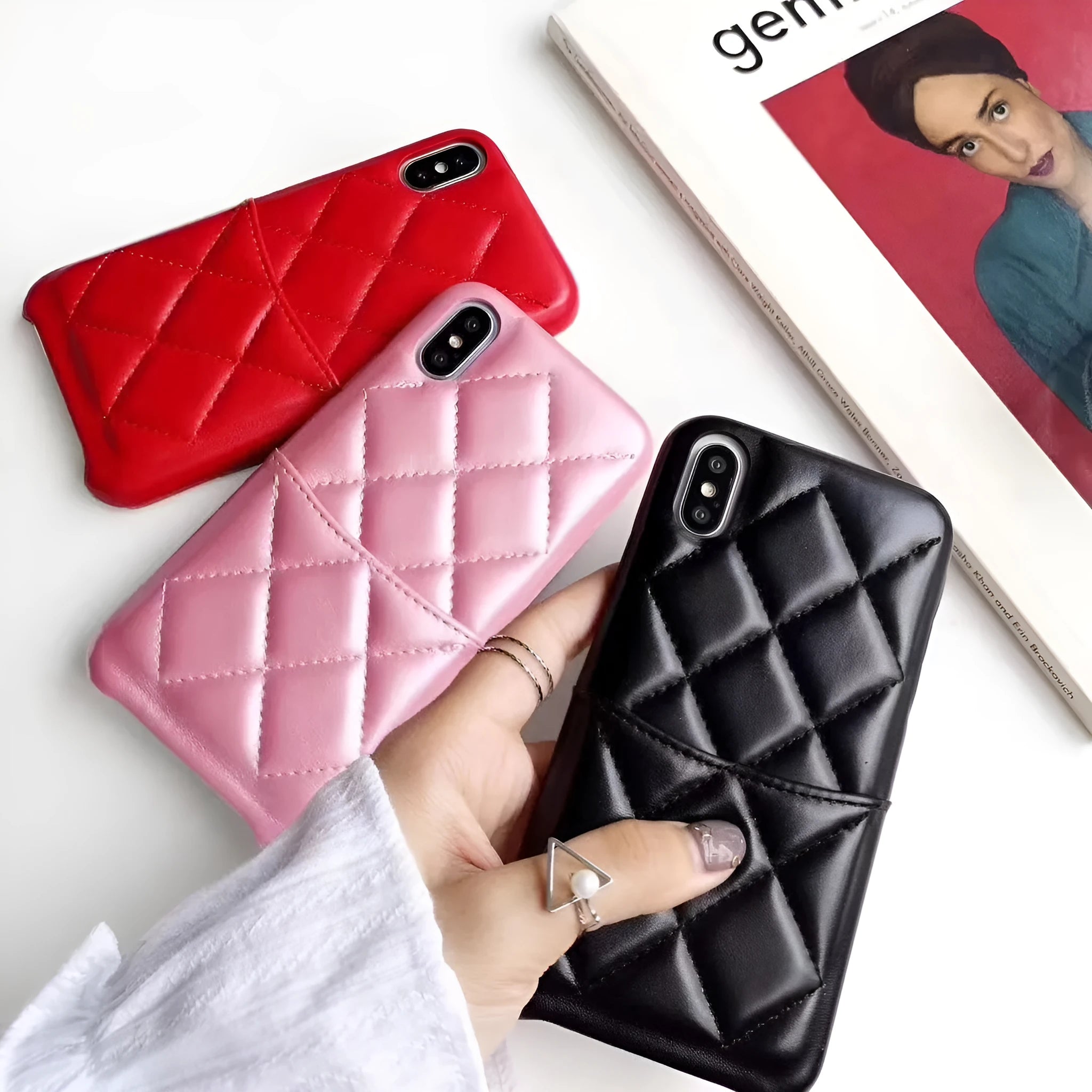 Leather mobile phone case for iPhone Xs Max in black, pink, and red colour options