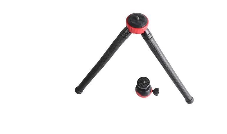 Black octopus tripod with flexible legs and spherical gimbal ball head for cameras and smartphones
