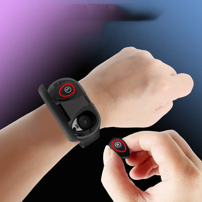 Smart bracelet with integrated wireless earphones showing 1-inch touchscreen display on silicone wristband