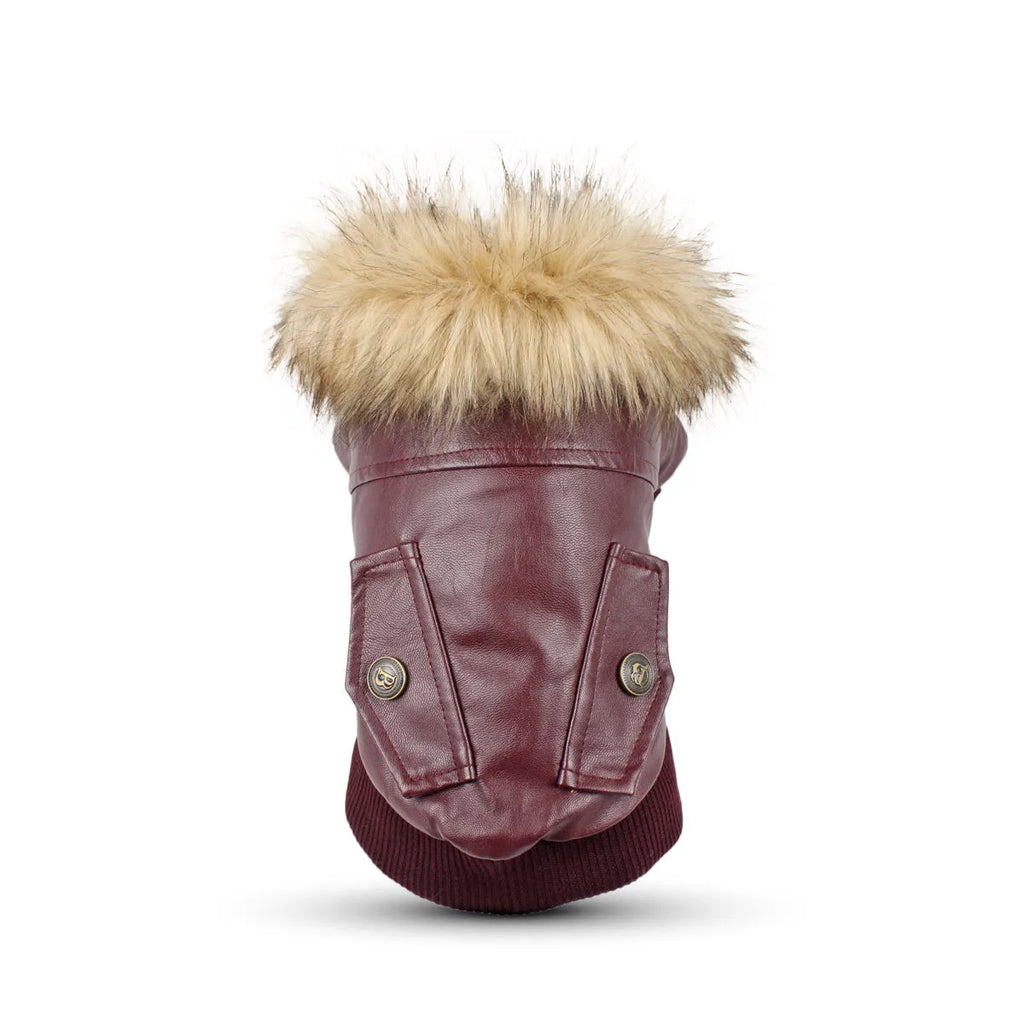 Dog fur collar PU leather coat in black with double pockets and faux fur collar