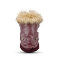 Dog fur collar PU leather coat in black with double pockets and faux fur collar