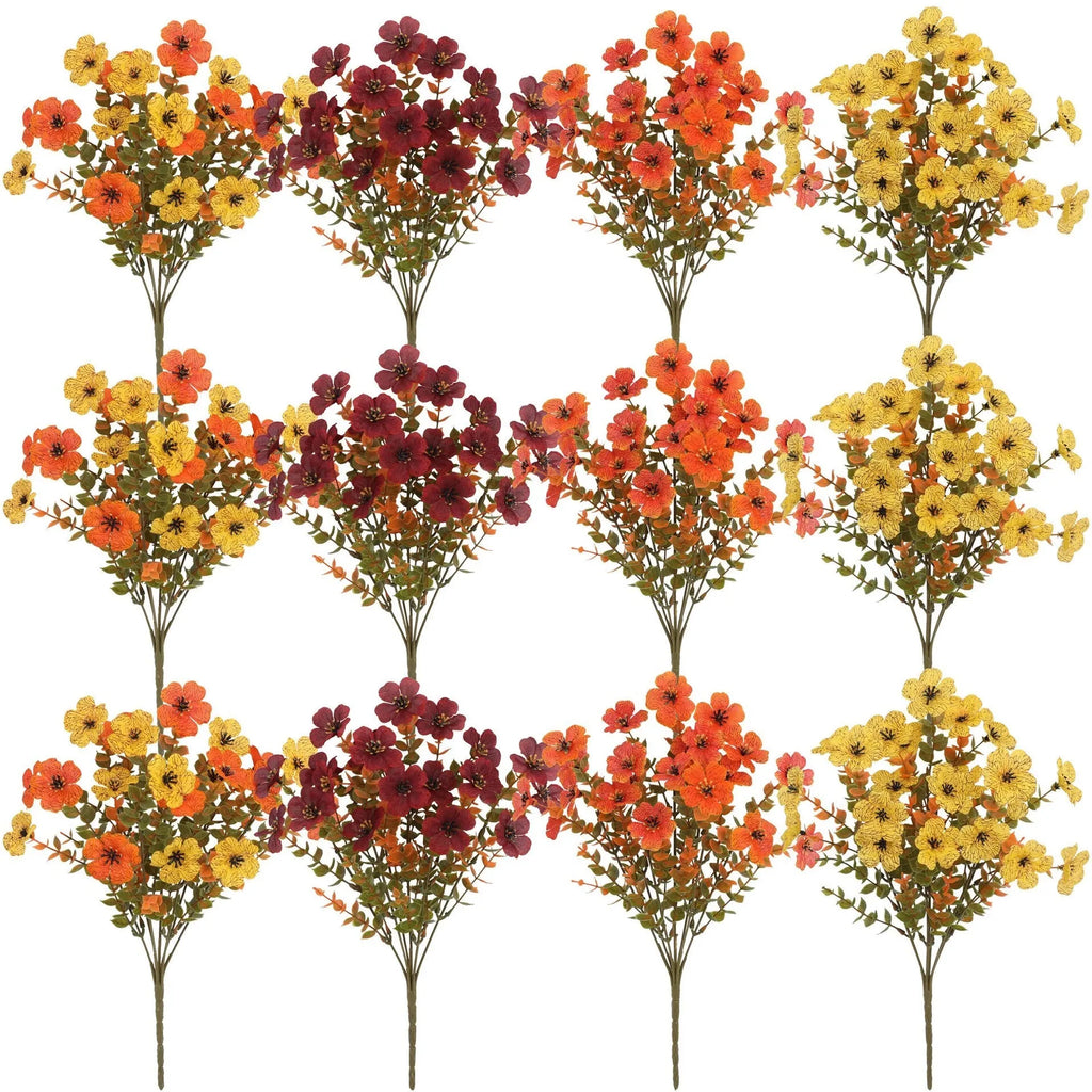 Plastic artificial flower bouquet with silk details in autumn orange, orange yellow, red or yellow for home and wedding decoration