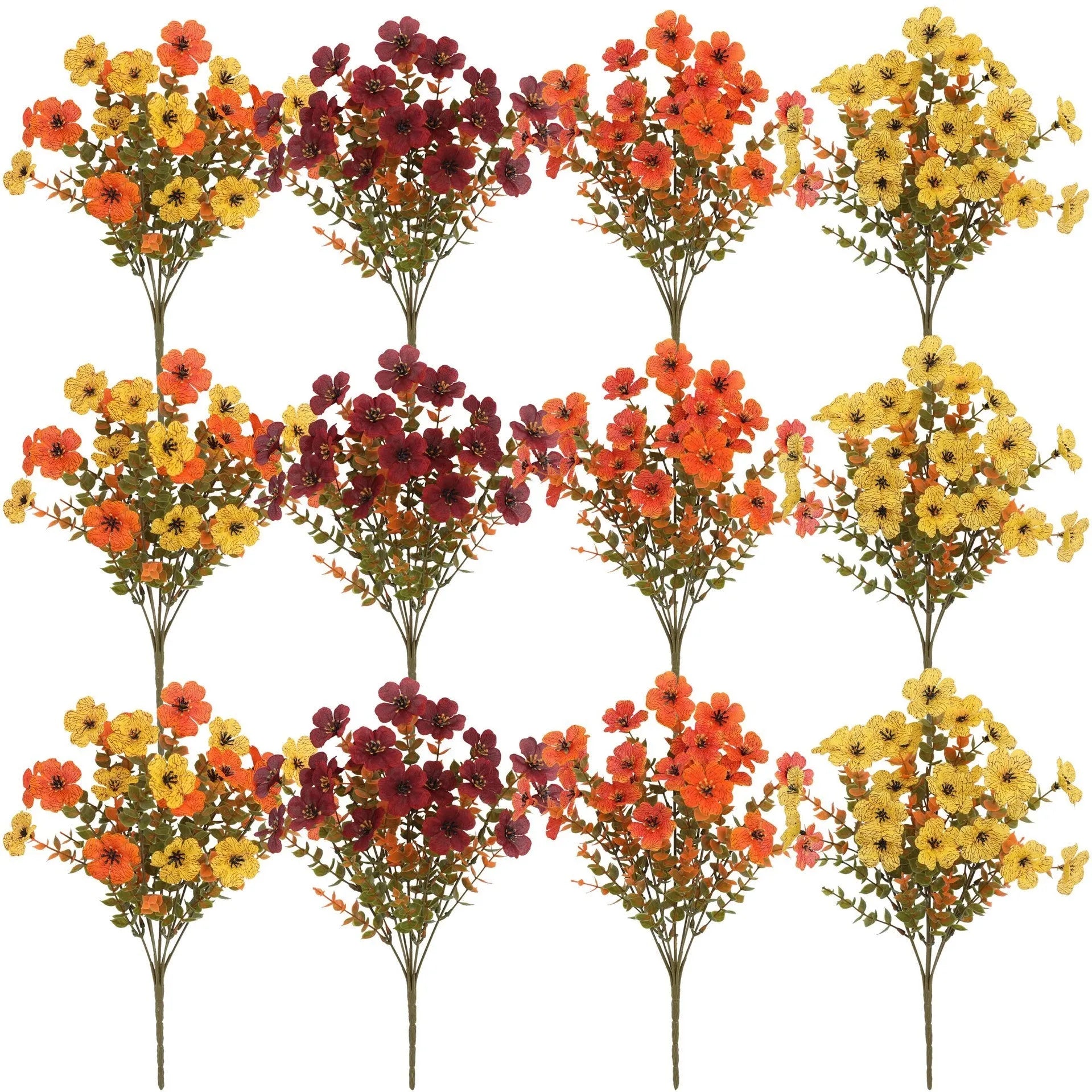 Plastic artificial flower bouquet with silk details in autumn orange, orange yellow, red or yellow for home and wedding decoration
