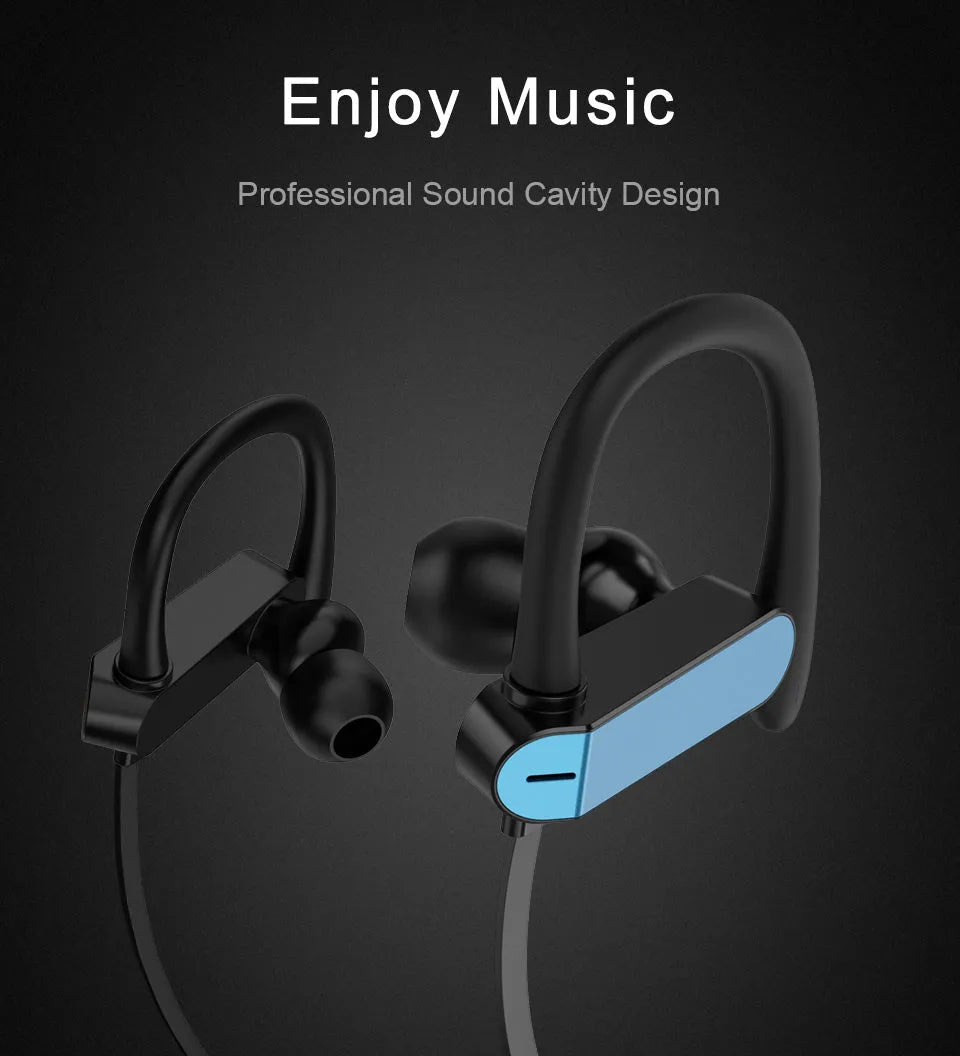 Sports earphones with flexible ear hook and silicone earbuds in black and blue colour, shown next to a mobile phone.