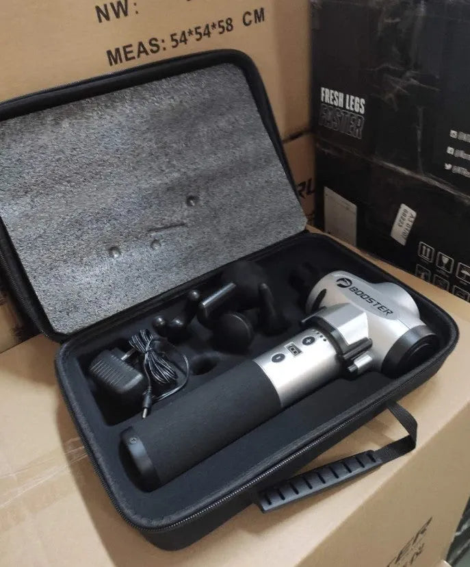 Black and white handheld muscle massager with adjustable speed control