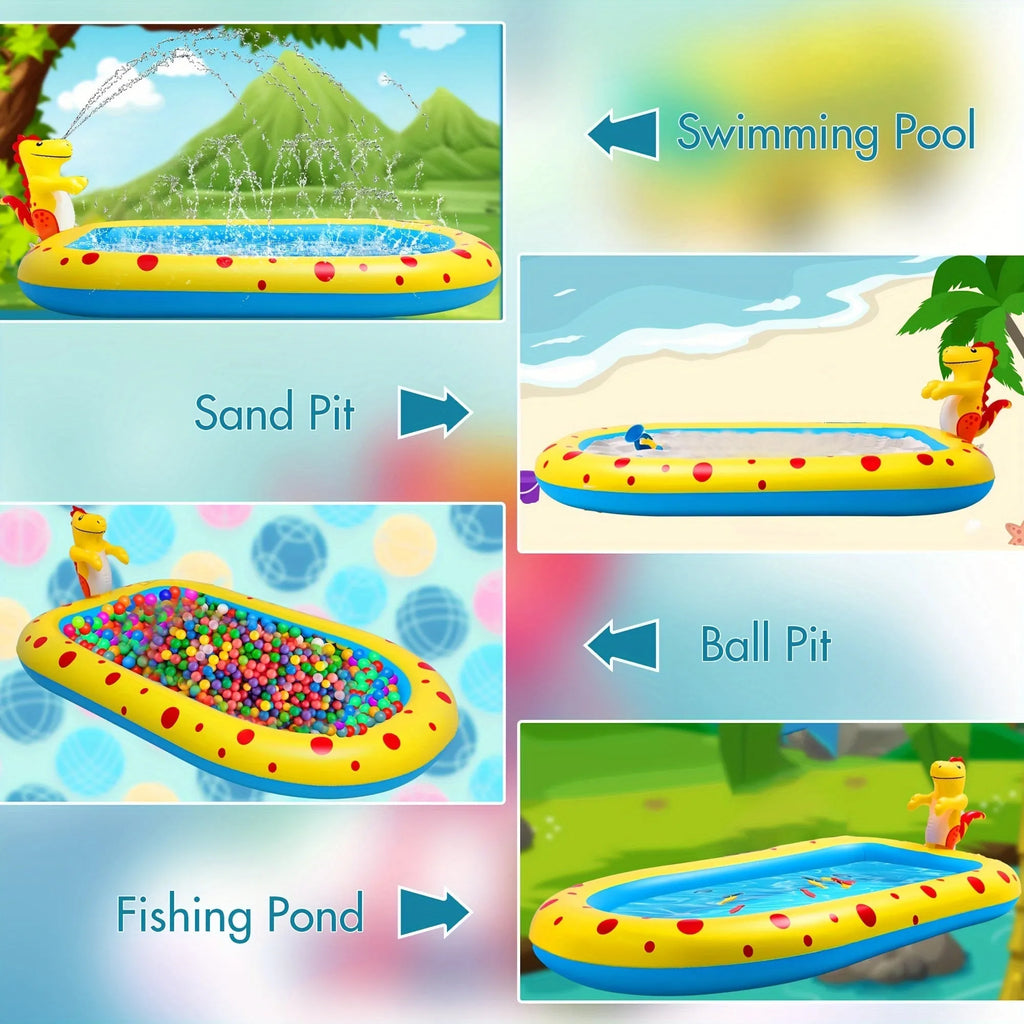 Blue dinosaur inflatable water spray pool measuring 170cm long with water play features