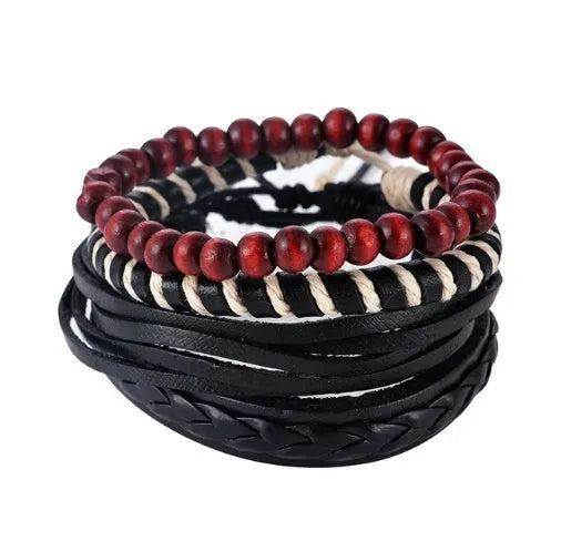 Handmade adjustable leather bead bracelet with multilayer design featuring cowhide leather, wooden beads, and woven ropes