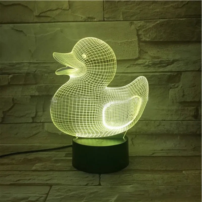 Yellow duck-shaped 3D acrylic night light with ABS base, showing multi-colour LED glow.