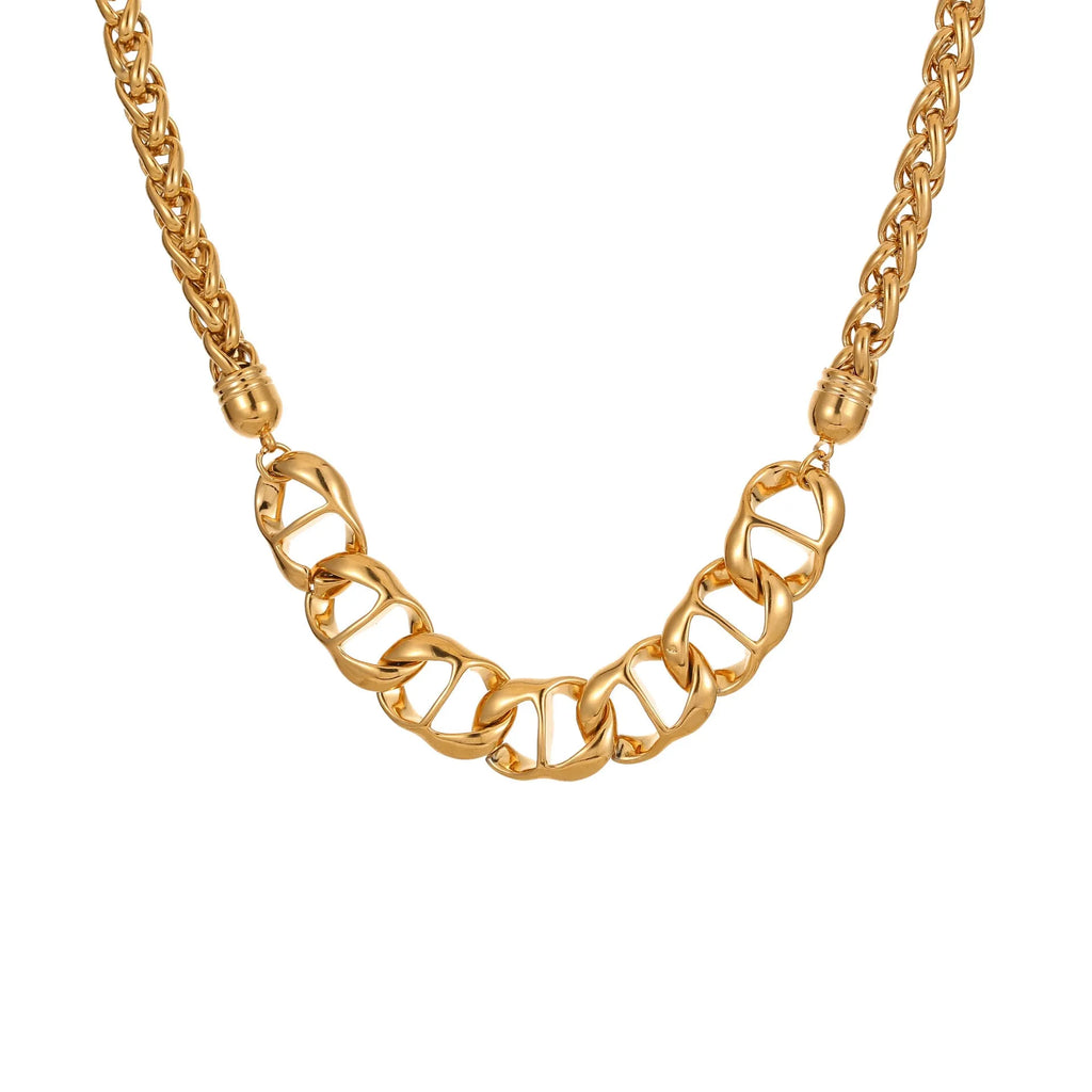 Gold and steel stainless steel geometric pendant necklace with regular chain.