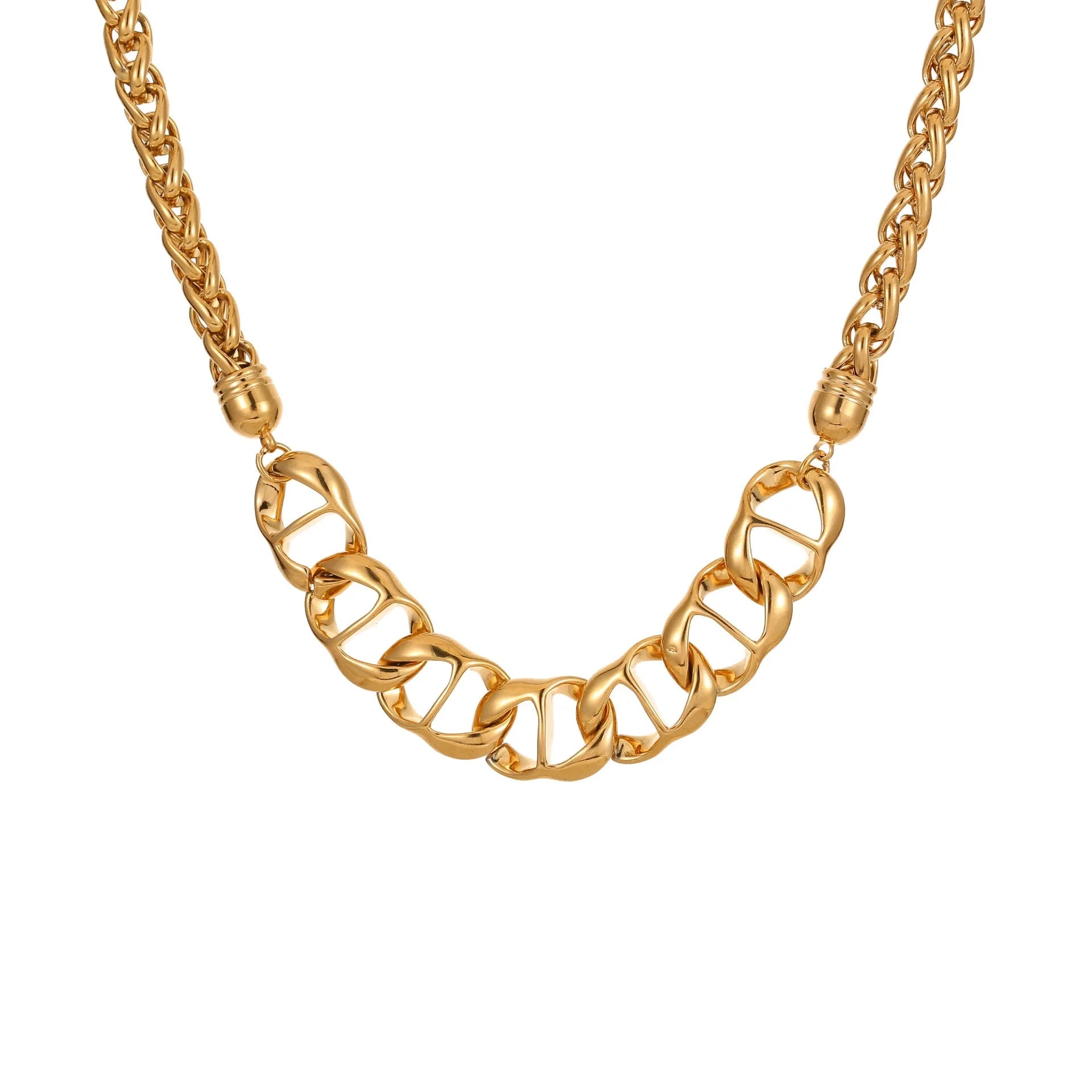 Gold and steel stainless steel geometric pendant necklace with regular chain.