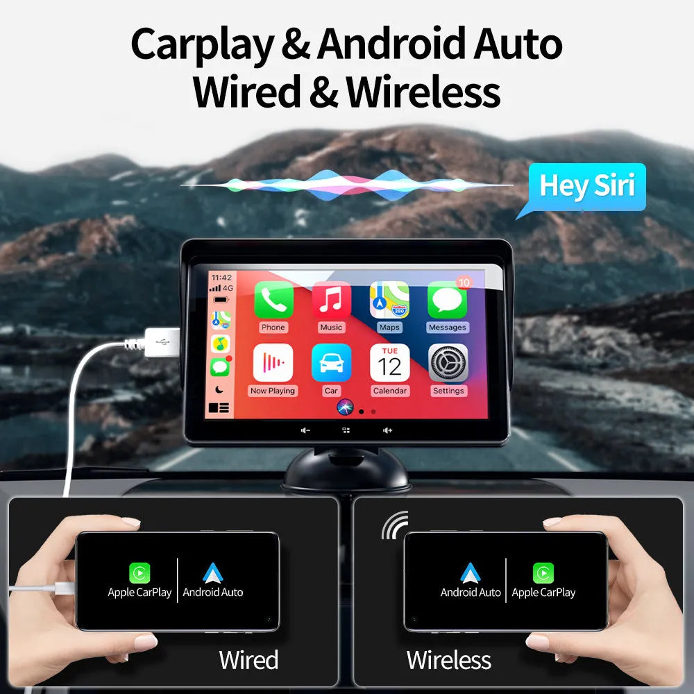 7-inch universal wireless CarPlay display for cars with suction cup mount and cigarette lighter cable.