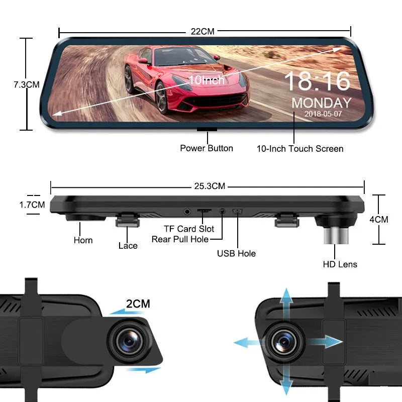 10-inch touch screen car dash camera with front and rear dual lenses for vehicle monitoring