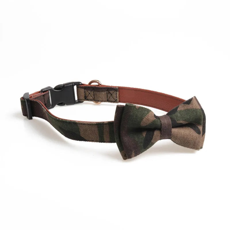 Adjustable bowknot traction dog collar in cotton and PU leather with lattice pattern, sizes S to L