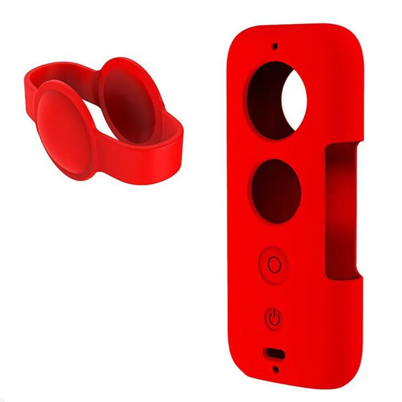 Insta360 ONE X silicone protective case in black and red colour options showing precise camera cutouts