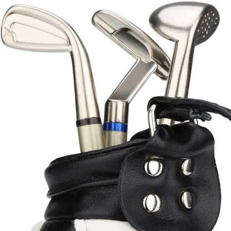 Golf bag shaped pen holder in carved PU leather with alloy accents, blue colour option