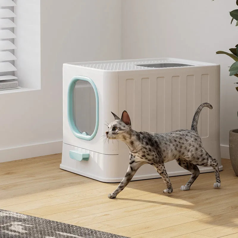 Fully enclosed plastic folding cat litter box in avian green, 51x38x39cm, with top closure