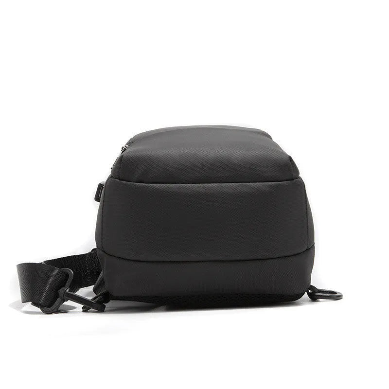 Black anti-theft lock chest bag with USB charging port, medium square shape, Polyamide fibre material