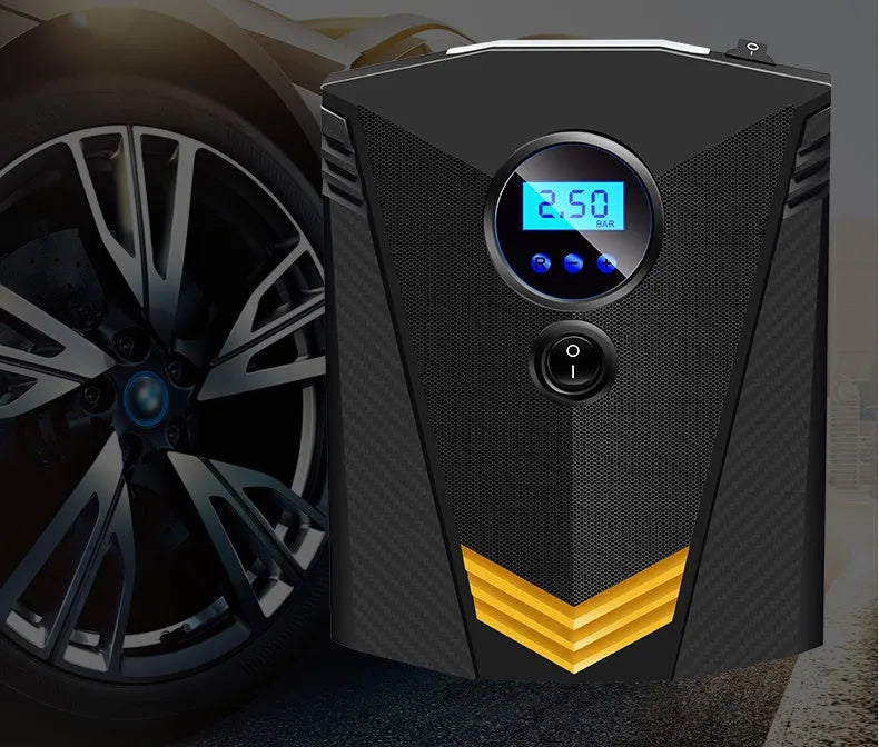 Black 12V single cylinder digital tyre inflator with pressure gauge and automatic charging displayed on dark surface