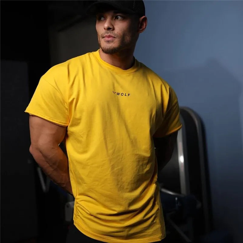 Men's cotton running training top in black, white, or yellow, 95% cotton, sizes M to XXXL