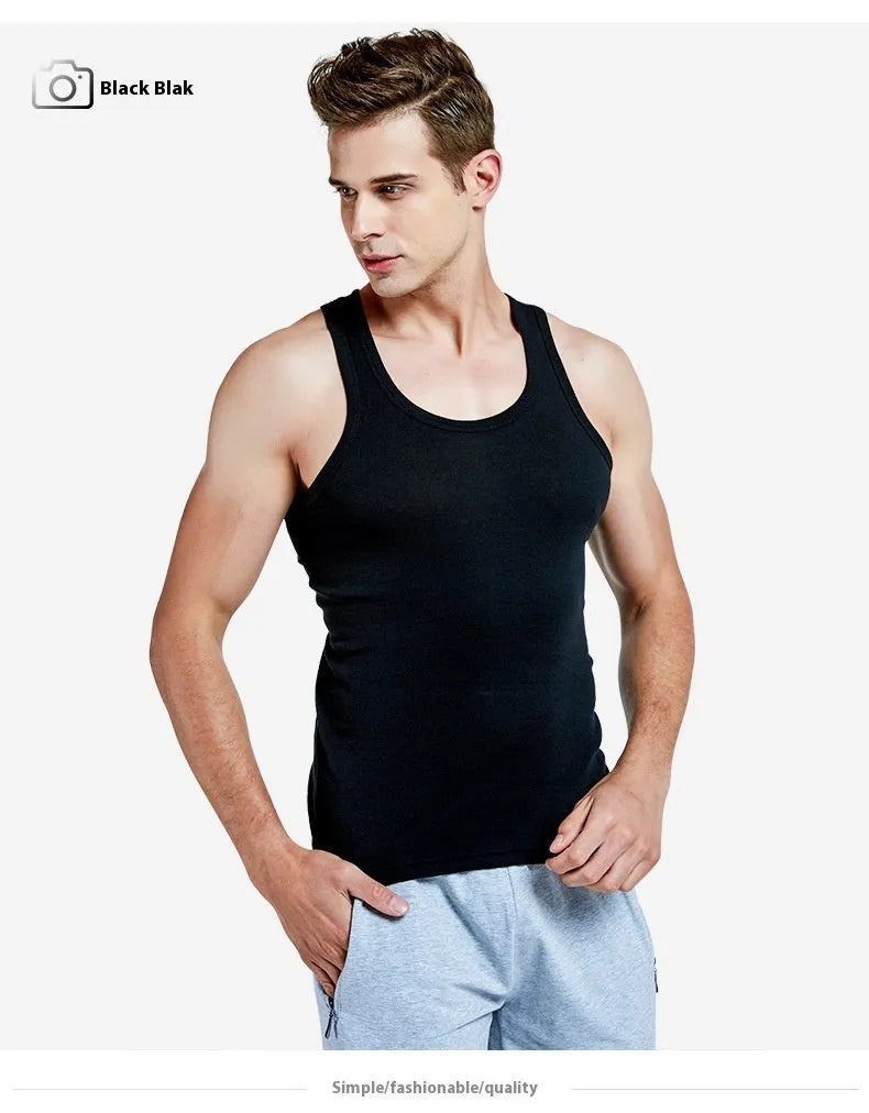 Men's pure cotton slim fit sports vest in white, front view, with stretch fabric for breathable underwear
