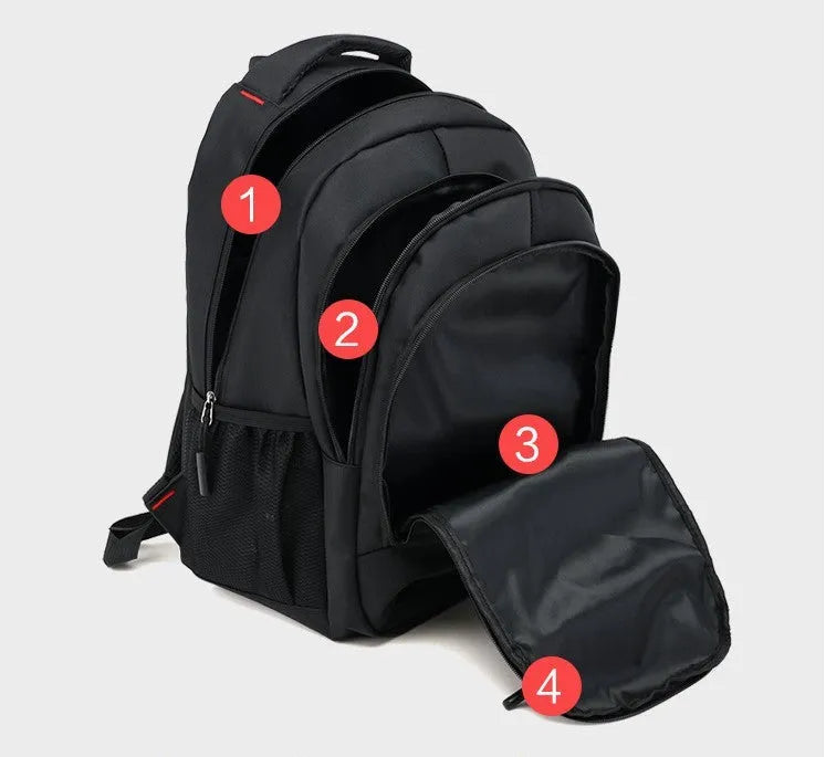 Blue Oxford fabric school backpack with padded black shoulder straps and side pockets.
