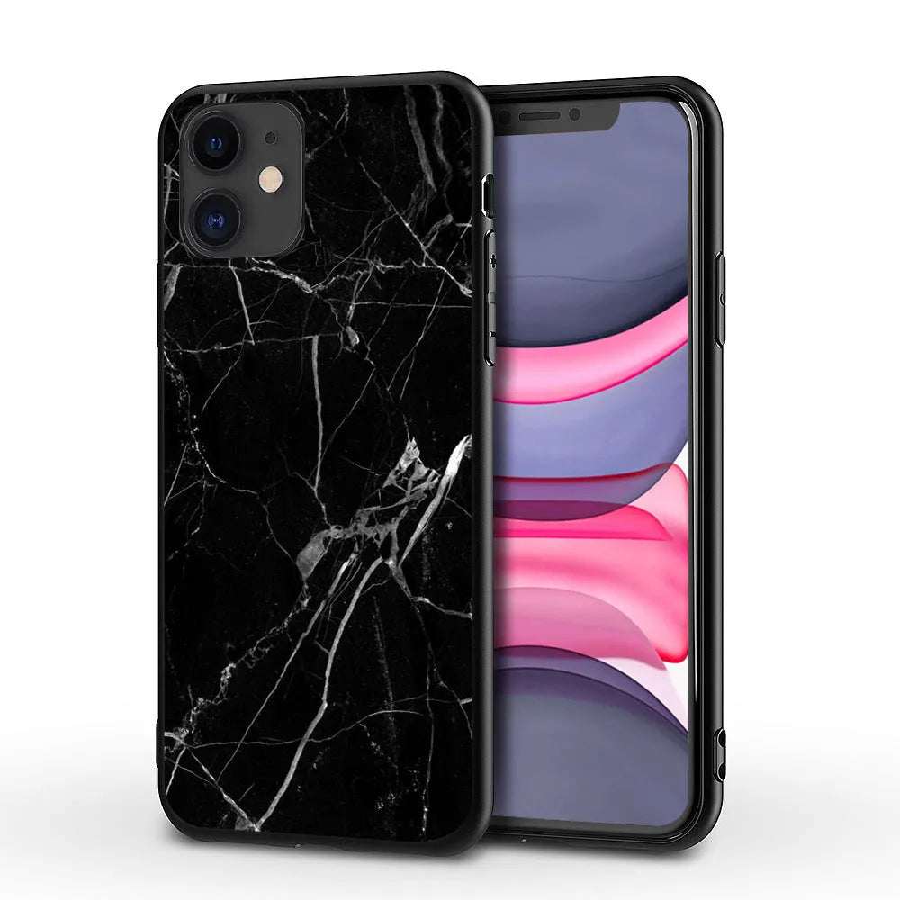 Marble pattern iPhone case with TPU PC construction showing waterproof drop-resistant features