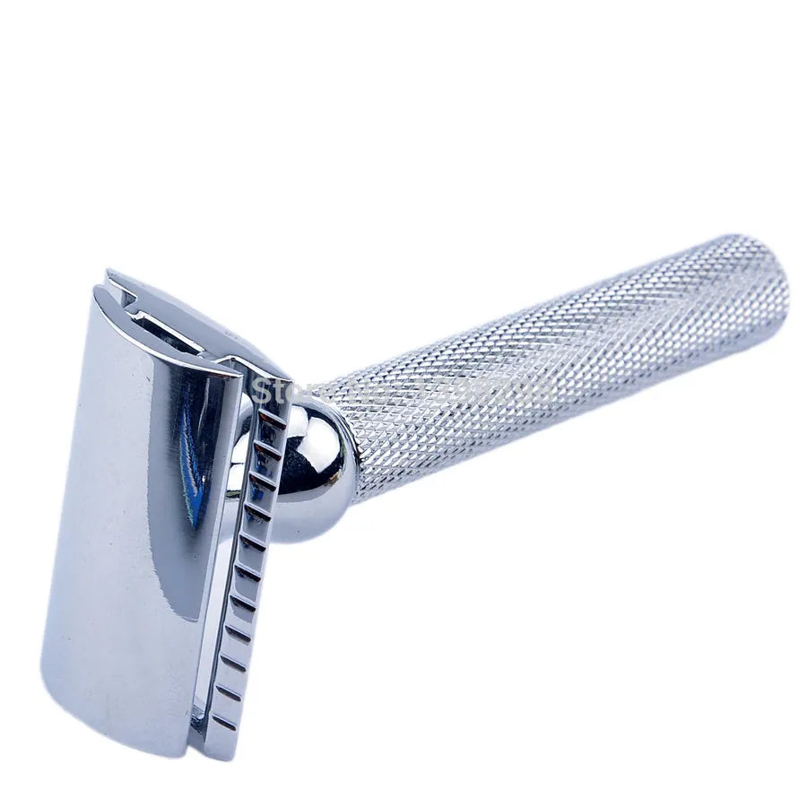 CSB men's double edge safety razor shaving kit with badger hair brush and chrome stand on black box
