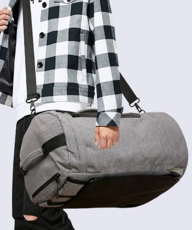 Large-capacity waterproof duffel bag for men, polyester, 36-55L, cylinder shape, light grey colour