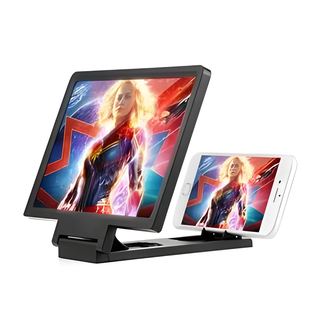 Black or white portable screen amplifier magnifier for mobile phones and laptops on a table.