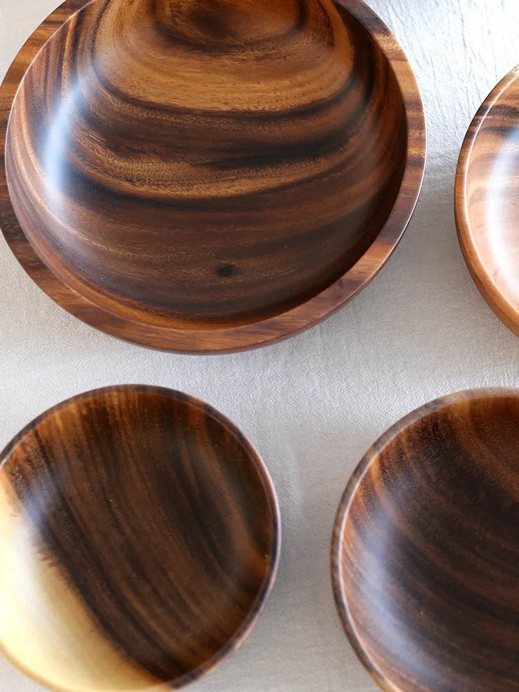 Brown wooden bowl handmade Japanese style with visible wood grain, available in multiple sizes from 8x6cm to 26x8cm.